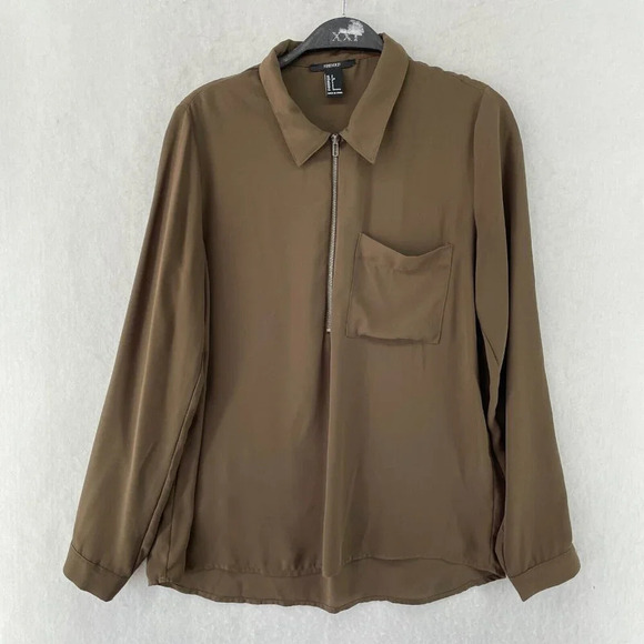 Forever 21 Button Up Womens S Brown Knit Long Sleeve Collared Zip Pocket - Picture 1 of 10